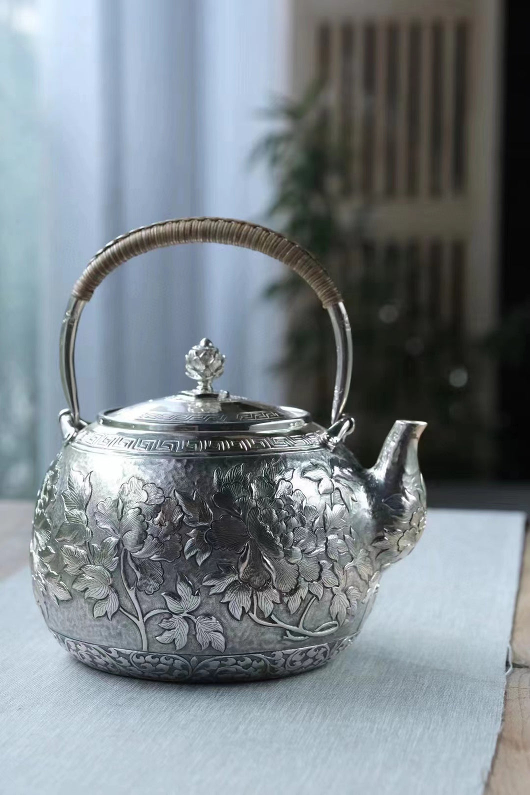 Teapot-Silver Teapot With Peony Texture