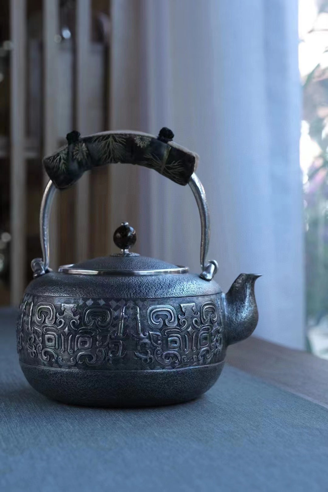 Teapot-Silver Teapot With Tao Tei Texture